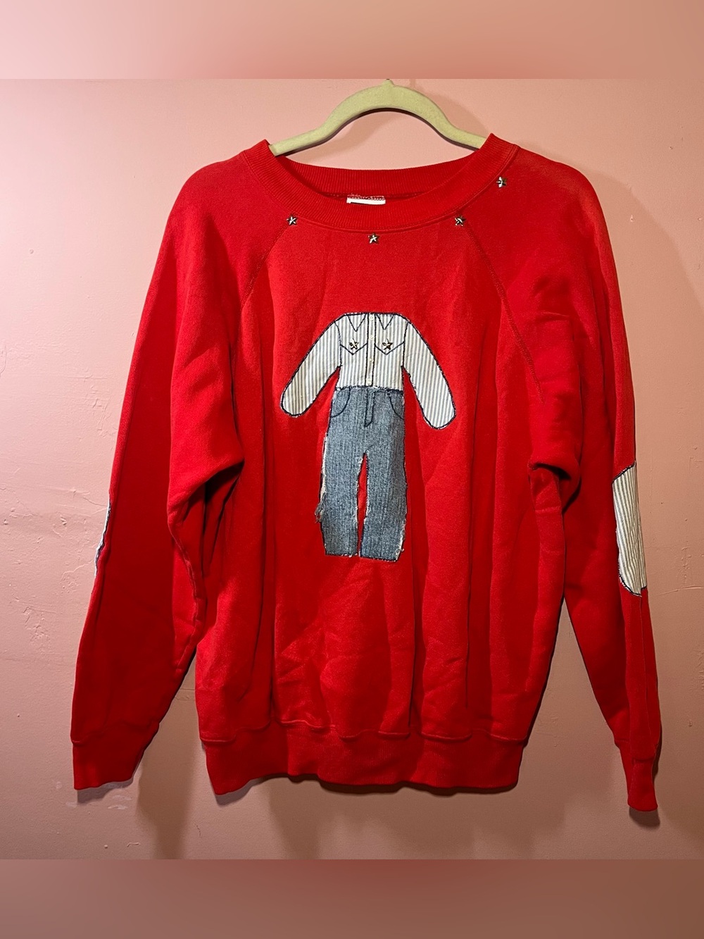 Vintage 80s Hanes Patchwork Crewneck Red Sweatshirt  Size XL USA